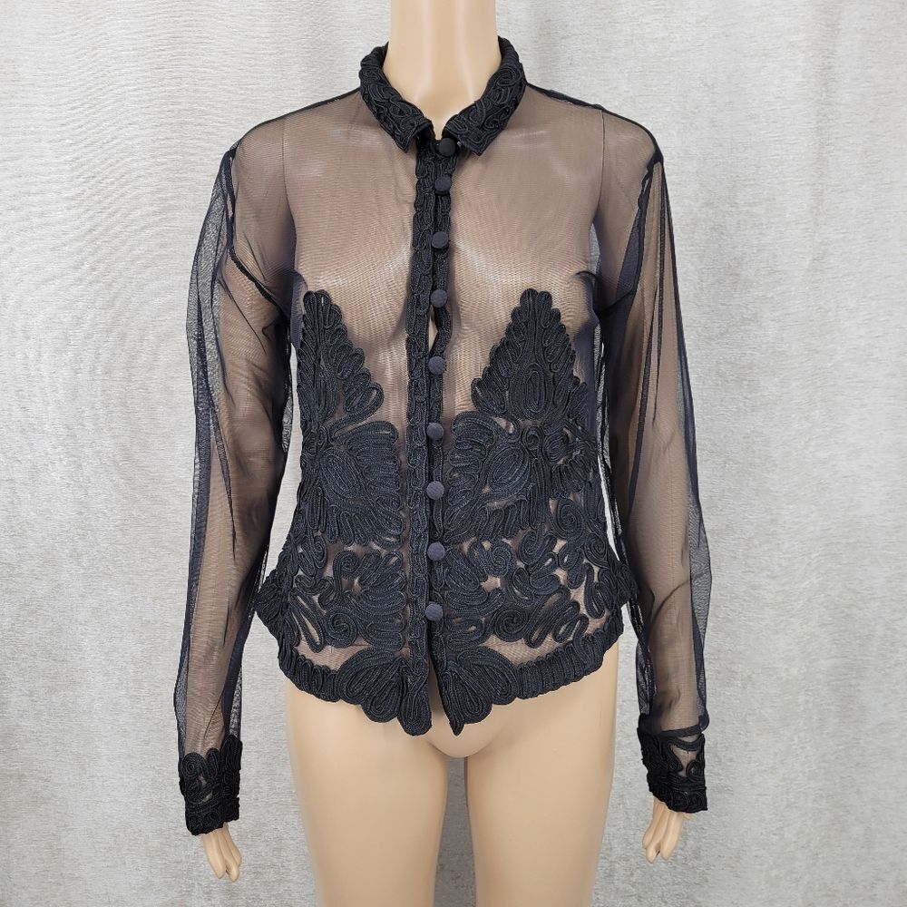 Vintage Sheer Black Soutache Embroidery Button Up Blouse Mobwife Mesh  Illusion